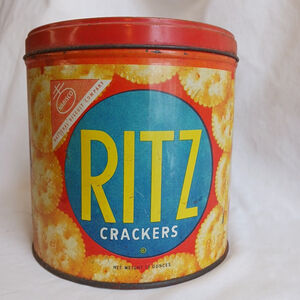 VTG Ritz Cracker Round Metal Tin Container w Lid National Biscuit Company 13 oz.